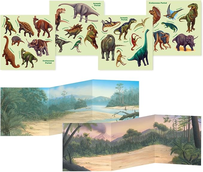 Four sheets of colorful dinosaur stickers and two folding prehistoric landscape scenes with a volcano and river.