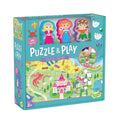 Light blue box for a 48-piece fantasy puzzle with a pink castle, red dragon, and three character figures in a window.