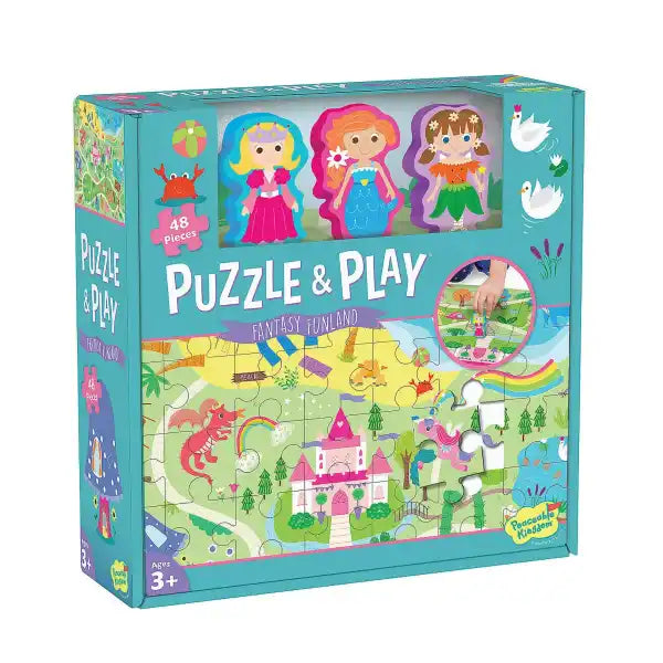 Light blue box for a 48-piece fantasy puzzle with a pink castle, red dragon, and three character figures in a window.