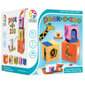Peek-A-Zoo preschool puzzle game box with colorful wooden animal blocks, shape cutouts, and challenge cards.