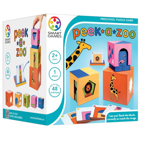 Peek-A-Zoo preschool puzzle game box with colorful wooden animal blocks, shape cutouts, and challenge cards.