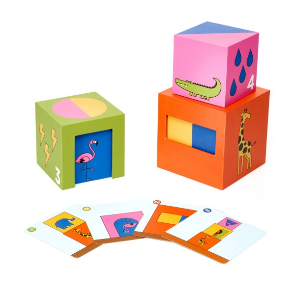 Colorful nesting blocks with animal illustrations and cutout windows, shown with game cards on a white background.