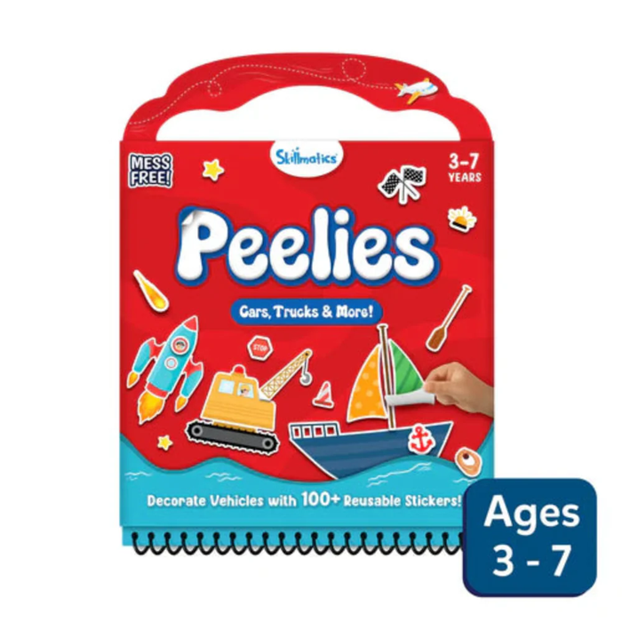Red Skillmatics Peelies sticker book with handle, featuring a rocket, crane, and ship with 100+ reusable stickers.