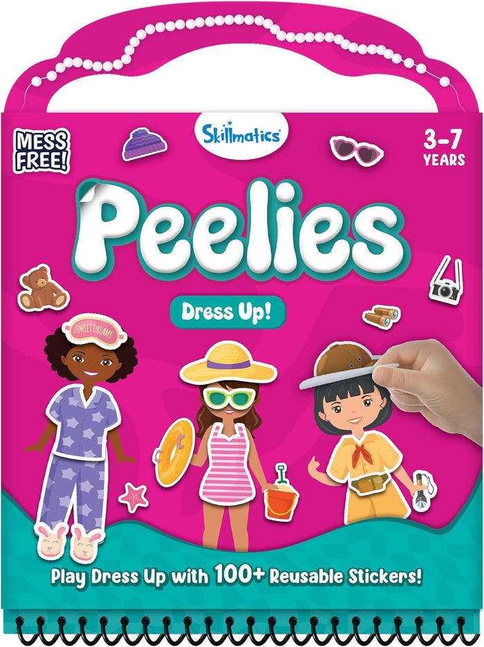 Pink spiral-bound sticker book with a handle, featuring girls in pajamas, swimwear, and safari gear with accessories.