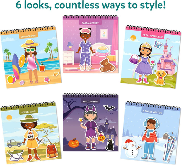 Six colorful dress-up pages showing girls in summer, pajamas, princess, safari, Halloween, and winter outfits.