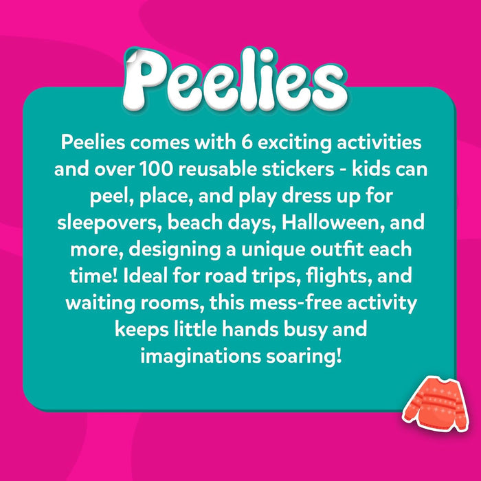 Peelies promotional graphic with a teal text box on a pink background and a small orange sweater sticker icon.