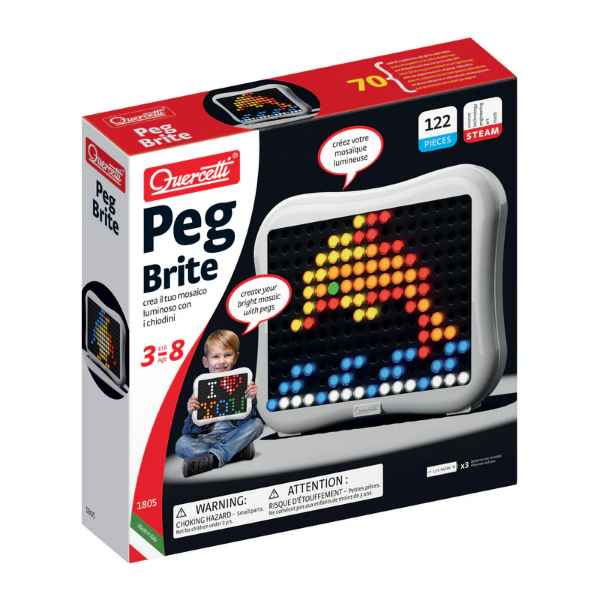 Quercetti Peg Brite box showing a white light-up pegboard with a colorful dolphin mosaic and a child playing.