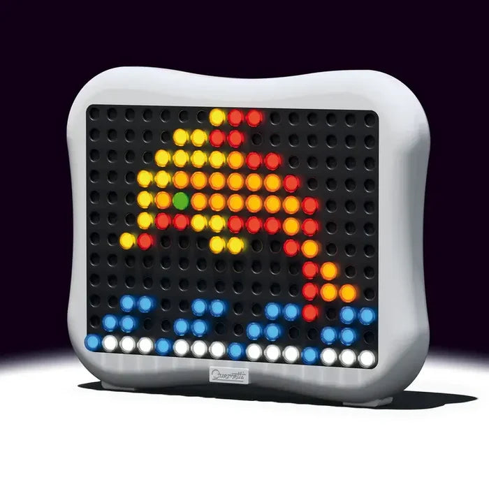 White rounded toy pegboard with a glowing dolphin jumping over waves made of bright, colorful translucent pegs.