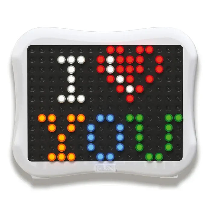 White light-up pegboard with colorful glowing pegs spelling I heart YOU on a black background.