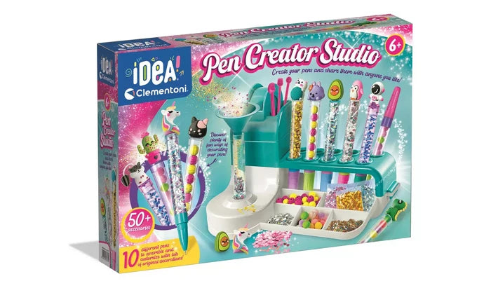 Teal and pink toy box showing a pen-making station with glitter, beads, and 10 colorful pens with animal toppers.