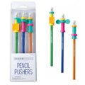 Three colorful pencils with sliding fidget toppers including a pink wingnut, orange square, and textured ring.