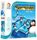 Game box showing five penguin figures on sliding translucent blue ice blocks over a blue grid board.