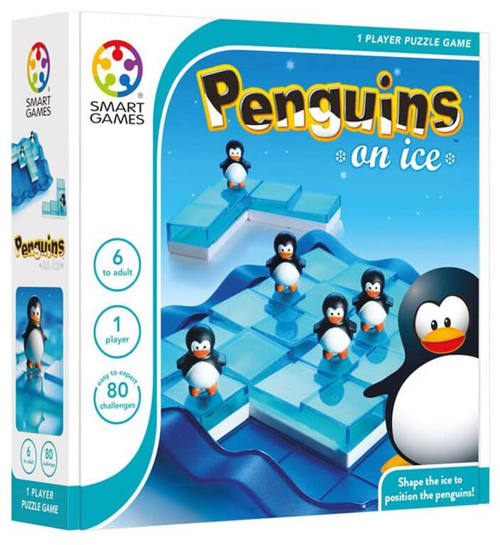 Game box showing five penguin figures on sliding translucent blue ice blocks over a blue grid board.
