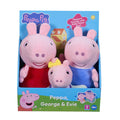 Three pink pig plushies in a blue display box: Peppa in red, George in blue, and baby Evie with a yellow bow.