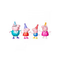Four Peppa Pig family toy figures wearing colorful party hats and festive outfits on a white background.