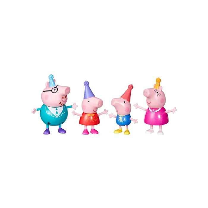 Four Peppa Pig family toy figures wearing colorful party hats and festive outfits on a white background.