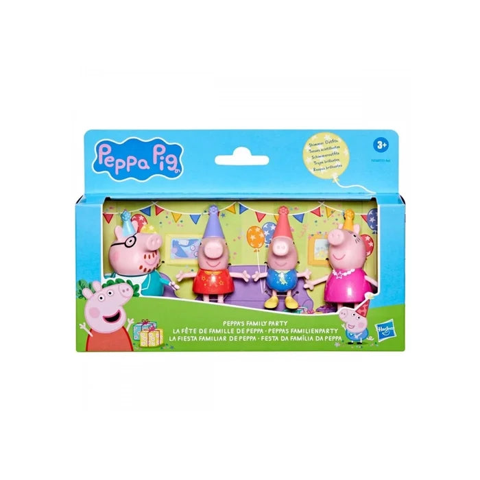 Peppa Pig family figures in colorful party hats and shimmer outfits, packaged in a blue window display box.