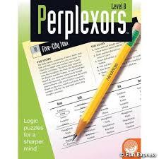 Perplexors Level B book cover with green background, showing a logic puzzle page and a yellow pencil.