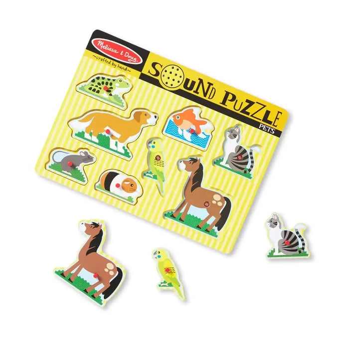 Yellow striped wooden board with pet animal pieces. The horse, bird, and cat are shown removed from the puzzle.