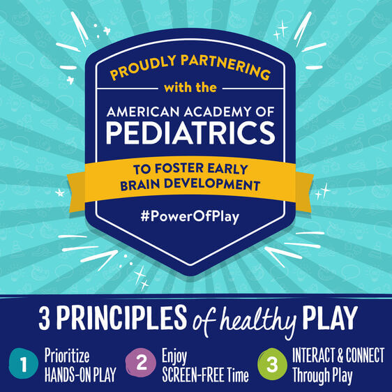Blue shield logo on teal background promoting American Academy of Pediatrics partnership and principles of healthy play.