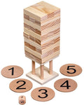 Light wood block tower on three thin pillars, surrounded by five numbered round tokens and a small wooden die.