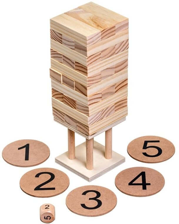 Light wood block tower on three thin pillars, surrounded by five numbered round tokens and a small wooden die.