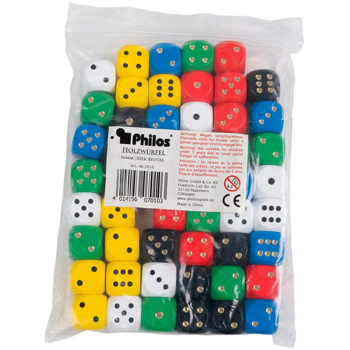 Clear bag of fifty 16mm wooden dice in yellow, blue, green, red, black, and white with a Philos brand label.