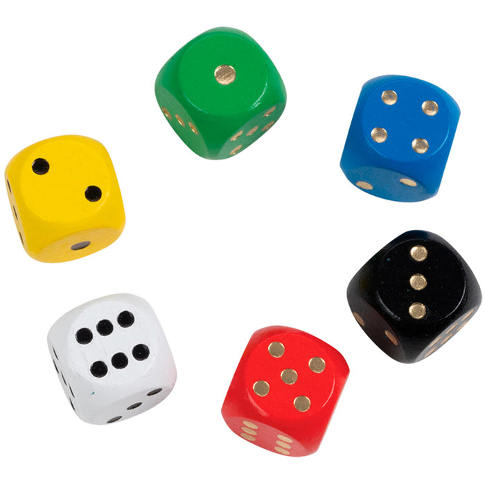 Six wooden dice in green, blue, black, red, white, and yellow with rounded corners and contrasting pips.