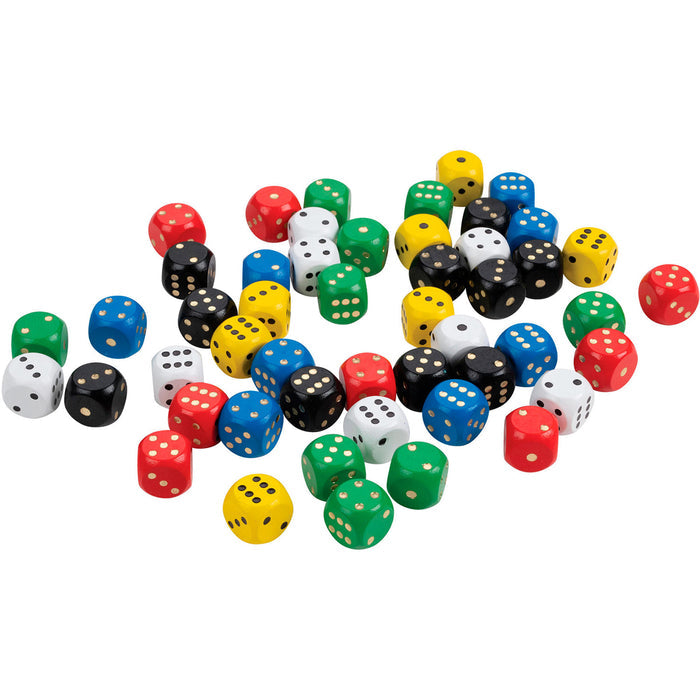 Fifty colorful 16mm wooden dice in red, blue, green, yellow, black, and white scattered on a white background.