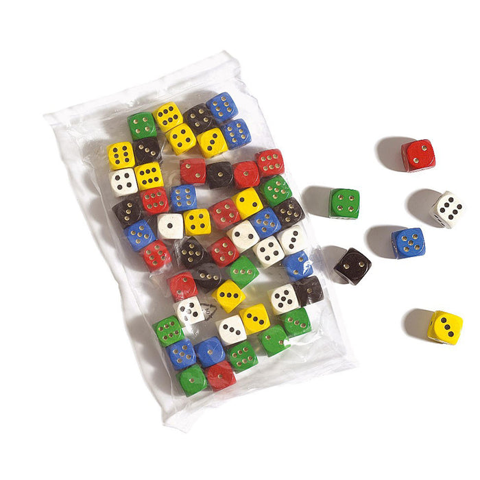 Assorted colorful wooden dice with gold pips, some in a clear plastic bag and others scattered on a white background.