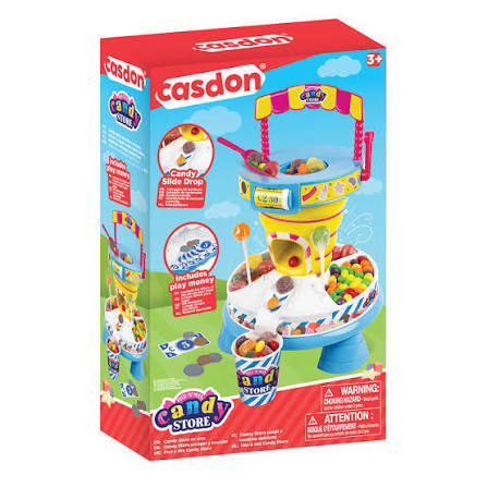 Casdon Candy Store toy box showing a blue and yellow play stand with scoops, lollipops, and play money.