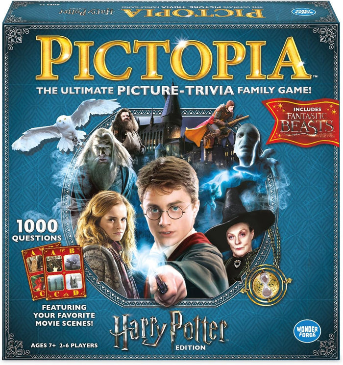 Blue board game box with gold Pictopia title, Harry Potter characters, Hogwarts, and 1000 trivia questions badge.