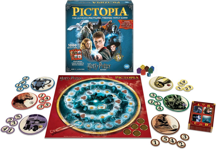 Pictopia Harry Potter board game box with characters, blue spiral game board, and illustrated round tokens.