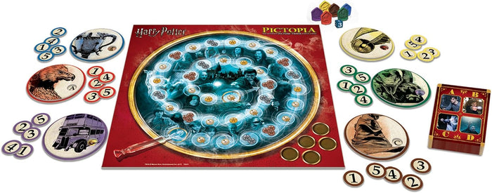 Red game board with a spiral path, round character tokens, numbered wagering coins, and cards with movie scene photos.