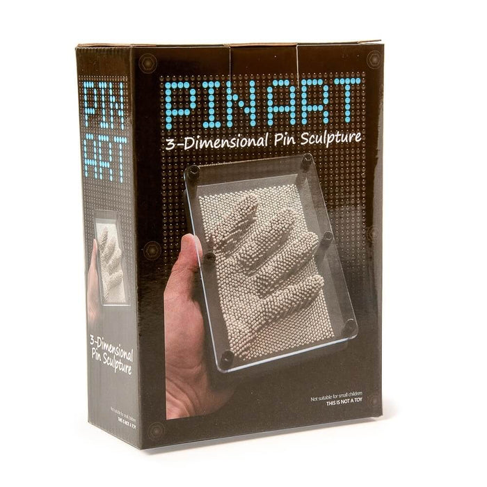 Black packaging for a Pin Art toy featuring a clear frame with silver pins forming a 3D hand impression.