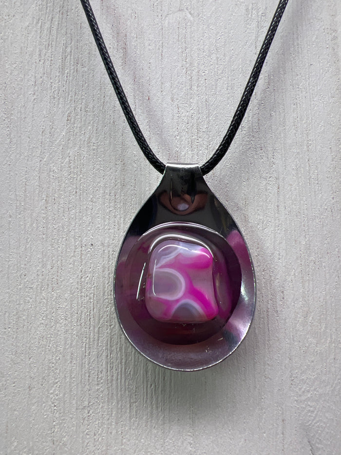 Pink Dyed Agate Spoon Pendant With 18" Adjustable Cord