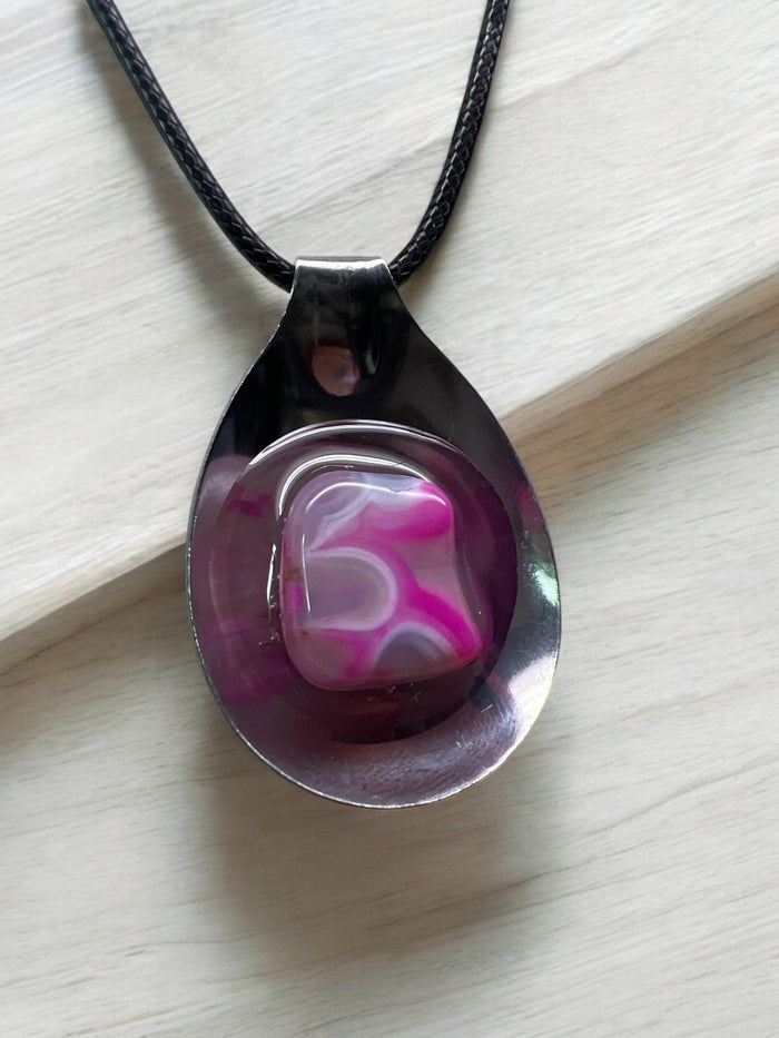Pink Dyed Agate Spoon Pendant With 18" Adjustable Cord