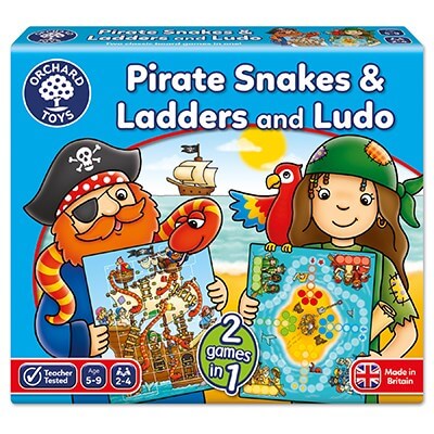 Blue Orchard Toys box with cartoon pirates holding game boards on a beach with a parrot and pirate ship.