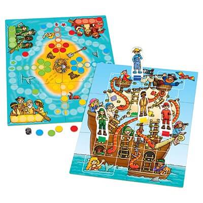 Pirate-themed Ludo and Snakes and Ladders boards with colorful tokens, character standees, and a black die.