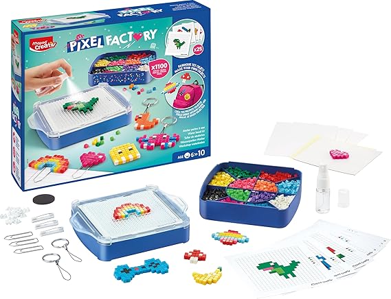 Pixel Factory toy set with colorful beads, storage tray, spray bottle, pattern cards, and finished pixel art creations.
