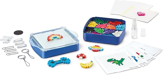 Blue craft kit with colorful pixel beads in a tray, pegboard with rainbow, design templates, and water spray bottle.