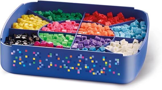 Blue storage tray with sections holding colorful square beads sorted by color, with a pixelated pattern on the front.
