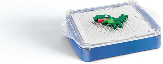 Blue storage case with a white pegboard top featuring a green pixel art dinosaur made of square beads.