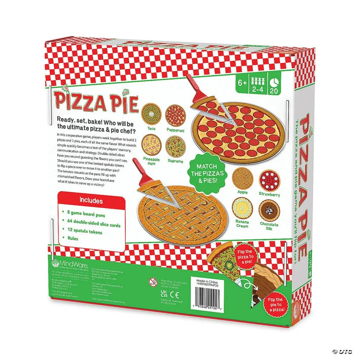 Back of game box with red checkered borders, showing pizza and pie illustrations being flipped by a red spatula.