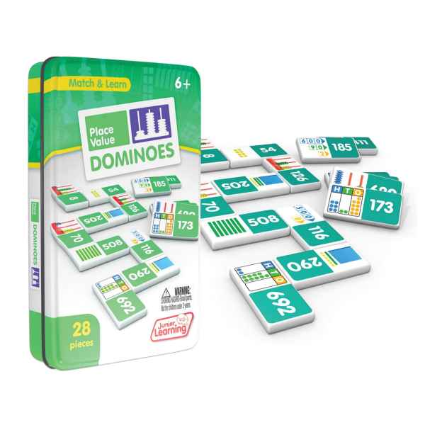Green and white storage tin and dominoes featuring numbers, base ten blocks, and place value charts.