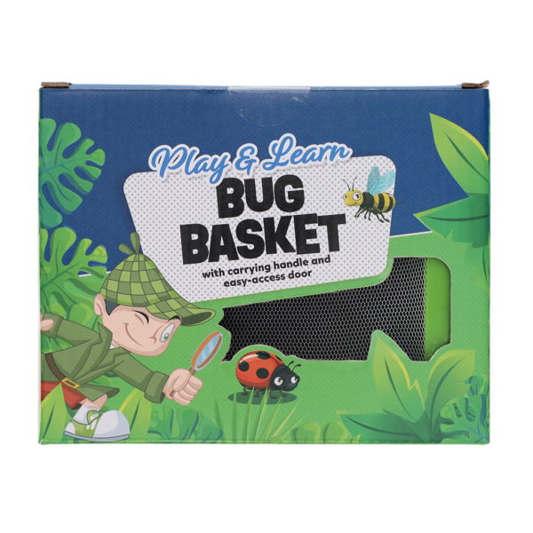 Blue and green packaging for a Play & Learn Bug Basket showing a mesh window and a cartoon of a boy with a magnifying glass.