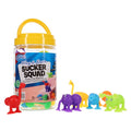 Clear jar with yellow lid filled with colorful suction cup animal toys, with figurines displayed outside.