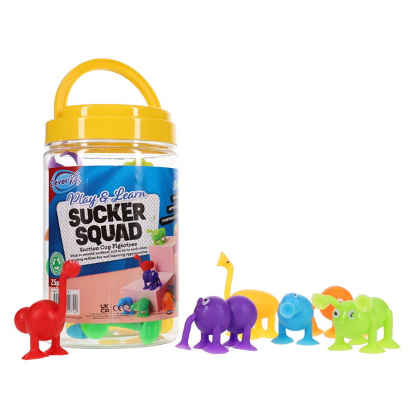 Clear jar with yellow lid filled with colorful suction cup animal toys, with figurines displayed outside.