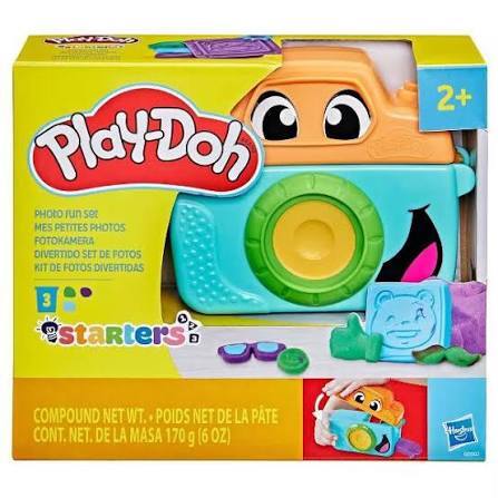 Play-Doh Camera Starter Set box featuring a teal and orange toy camera with eyes and colorful modeling compound molds.