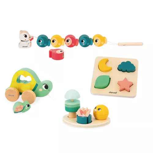 Colorful wooden toddler toy set featuring a fish lacing toy, turtle pull toy, shape sorter, and balancing blocks.